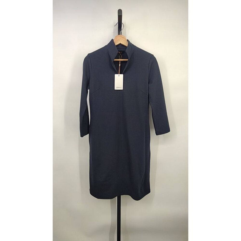 Quince Deep Navy Shift Dress with V-Notch Collar